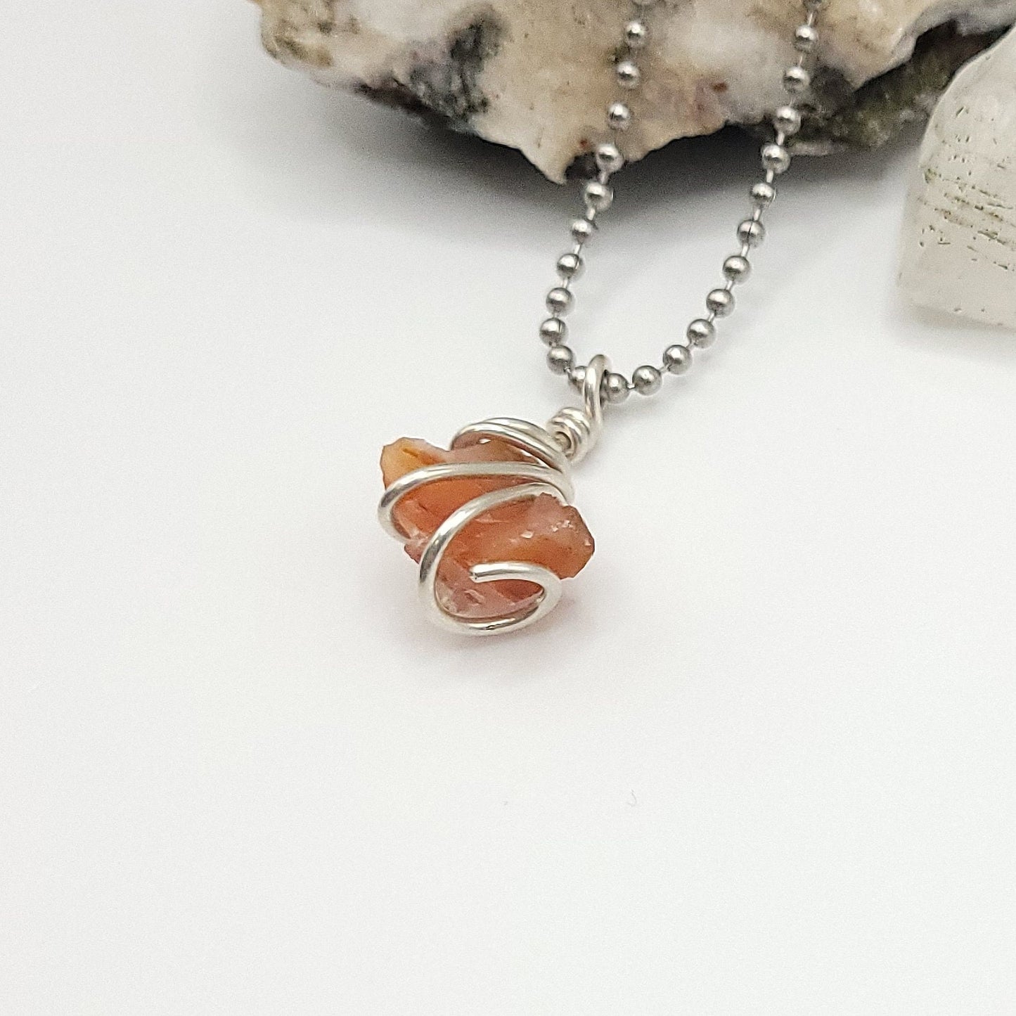 Raw Carnelian Crystal Necklace in Silver Wire