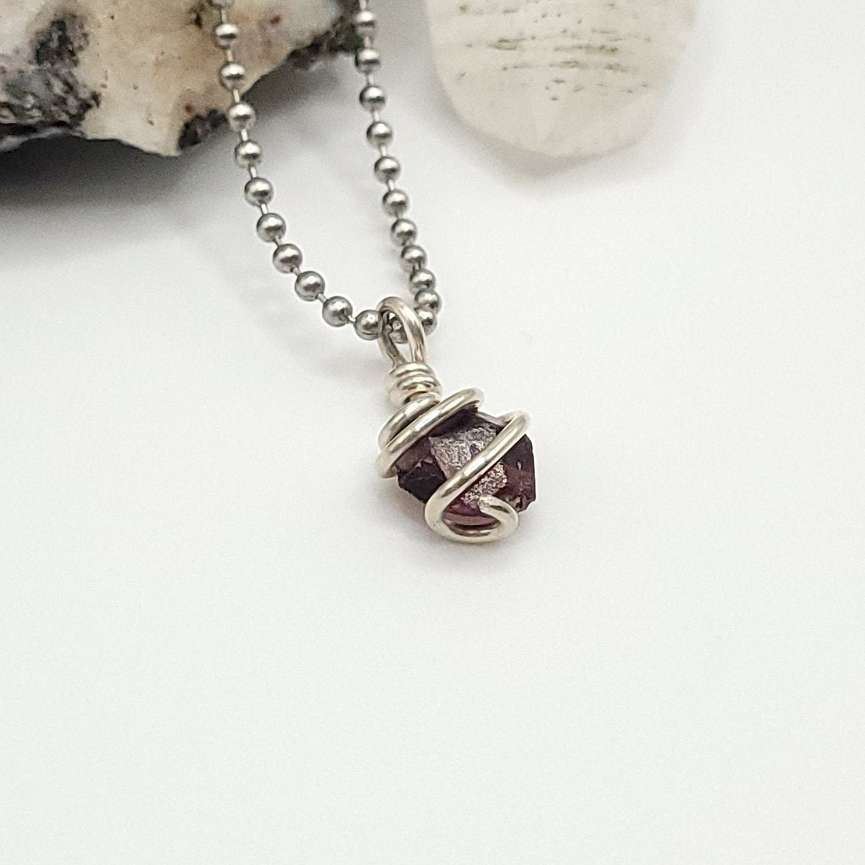 Raw Garnet Crystal Necklace in Silver Wire
