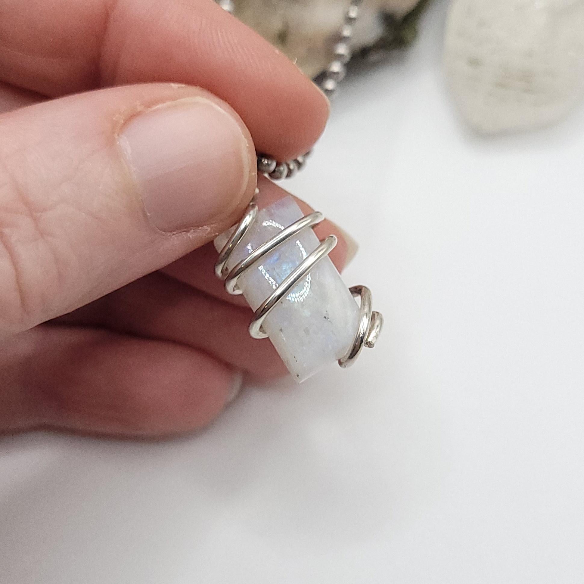 Rainbow Moonstone Crystal Necklace in Silver, rectangle shaped stone