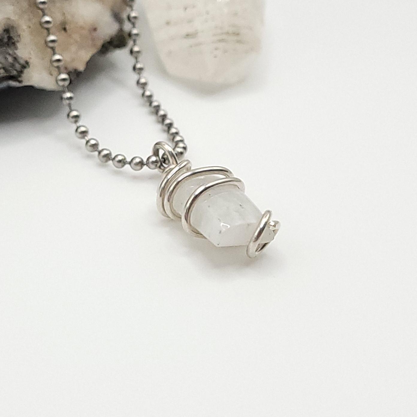 Rainbow Moonstone Crystal Necklace in Silver rectangle shaped stone side view