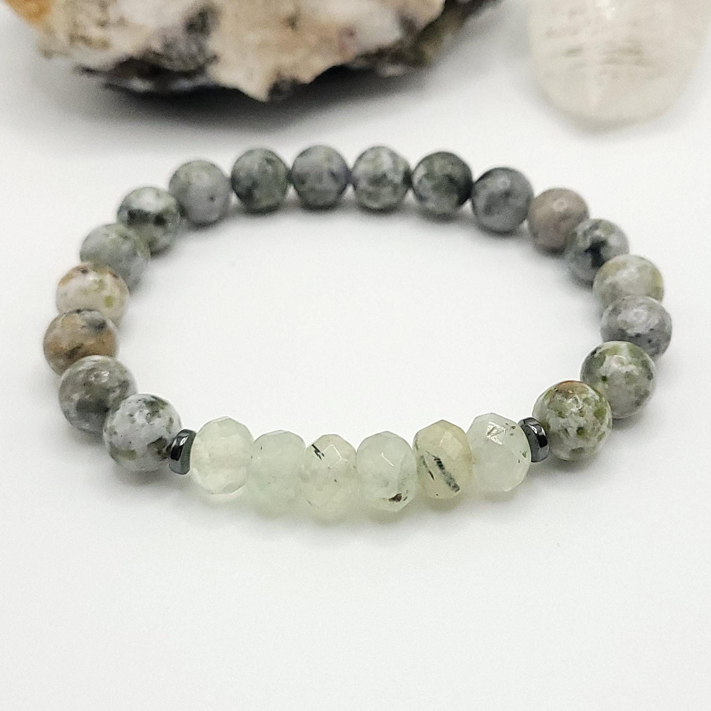 Tree Agate, Prehnite and Hematite Crystal Stretch Bracelet