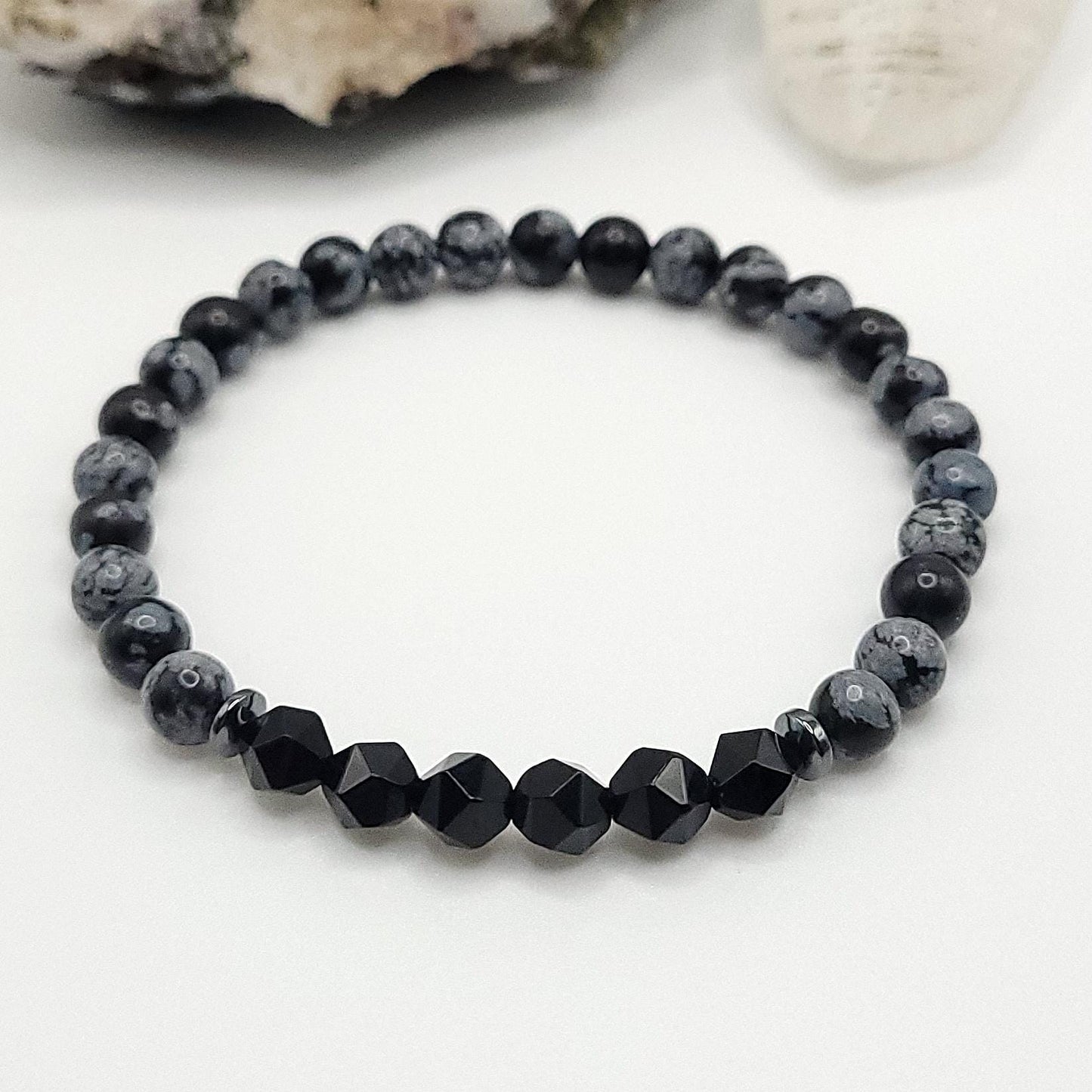 Snowflake Obsidian, Onyx and Hematite Crystal Stretch Bracelet