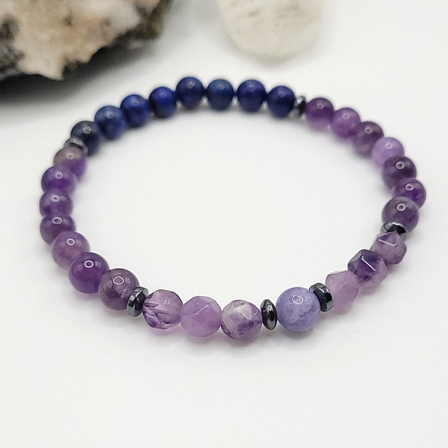 Amethyst, Lapis Lazuli, Hematite and Tanzanite Crystal Stretch Bracelet