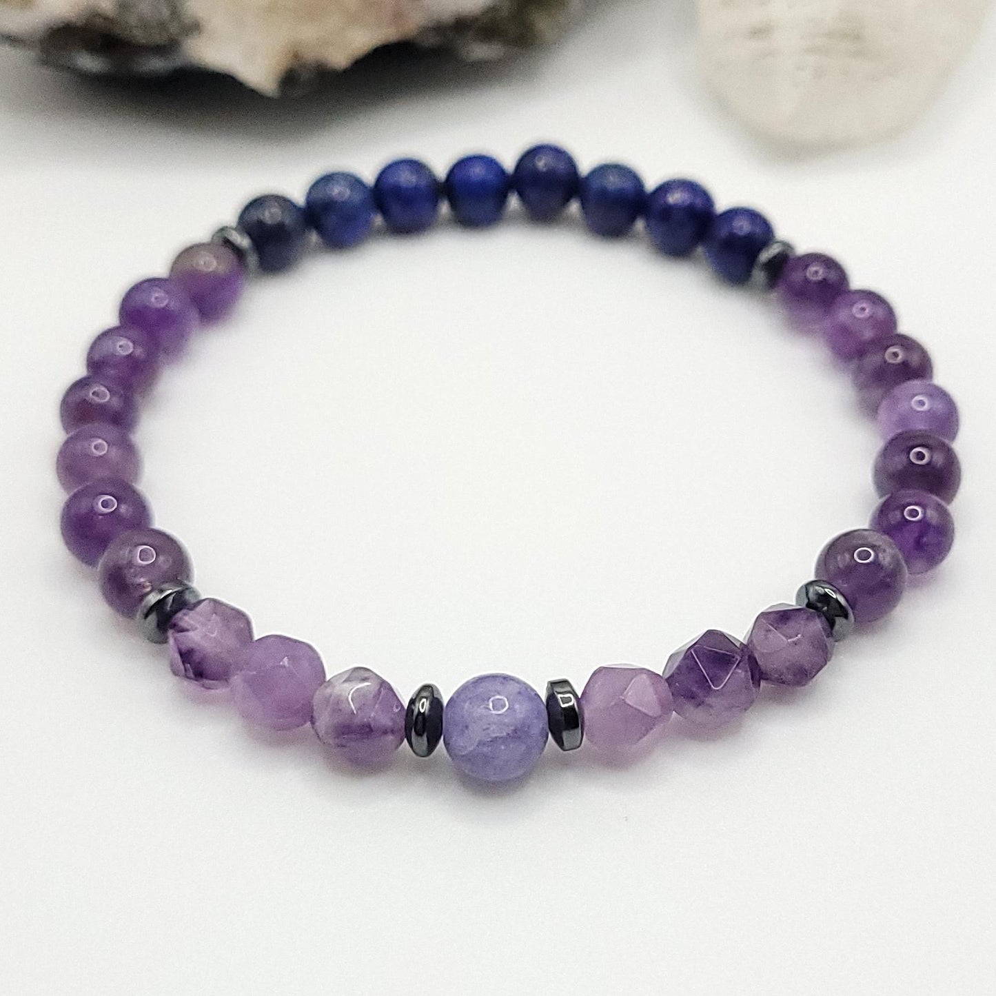 Amethyst, Lapis Lazuli, Hematite and Tanzanite Crystal Stretch Bracelet