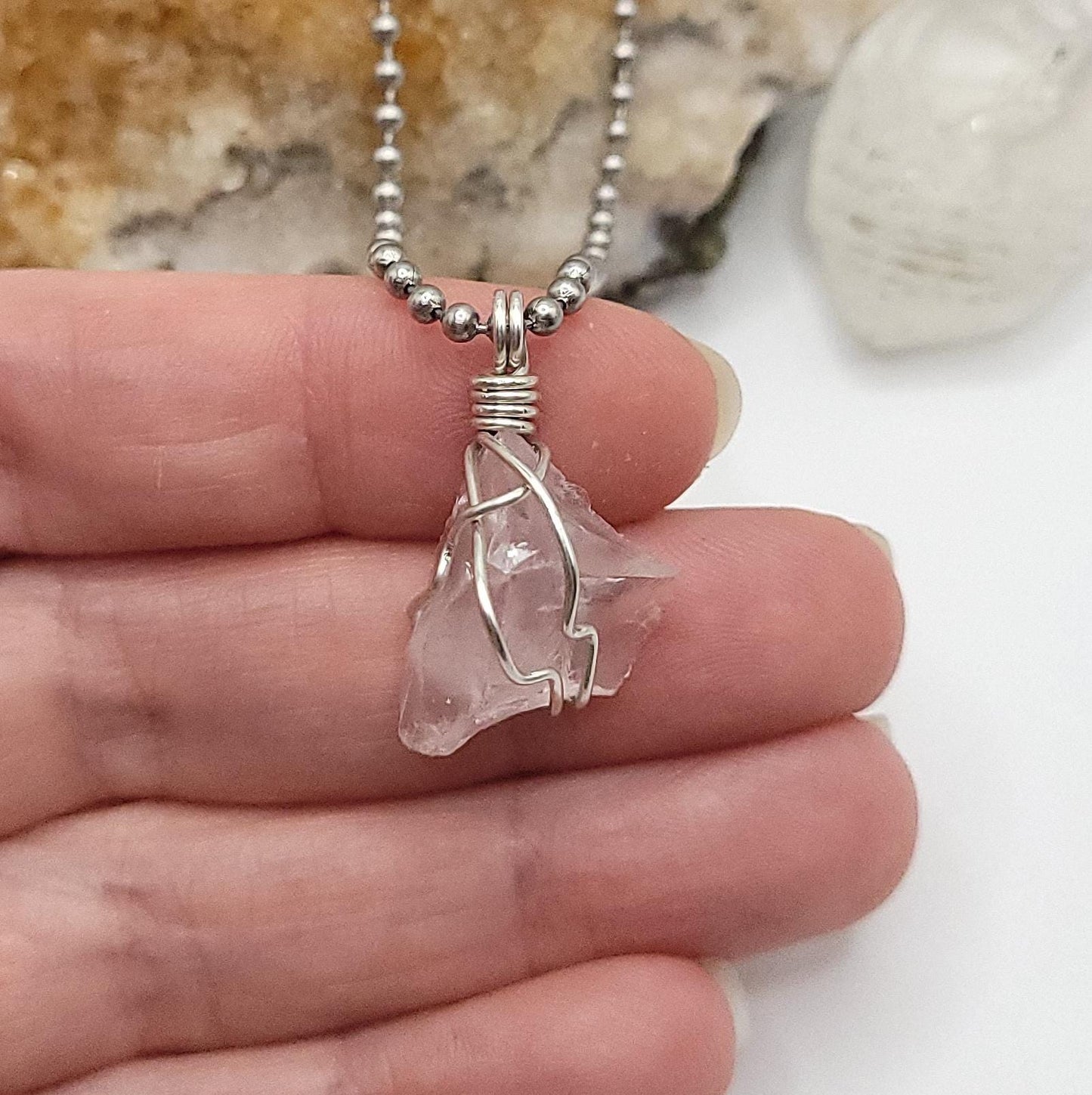 Raw Rose Quartz Crystal Necklace in Silver