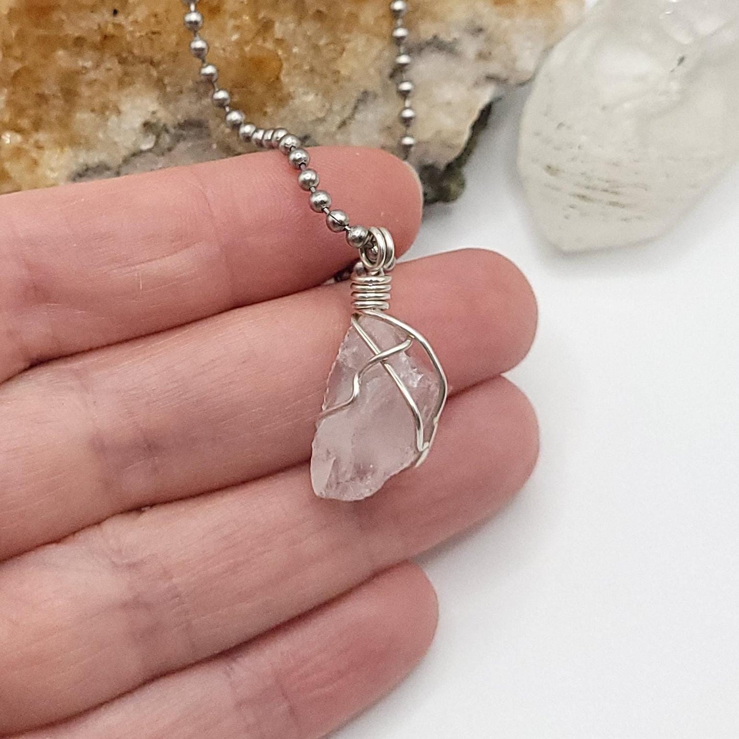 Raw Rose Quartz Crystal Necklace in Silver