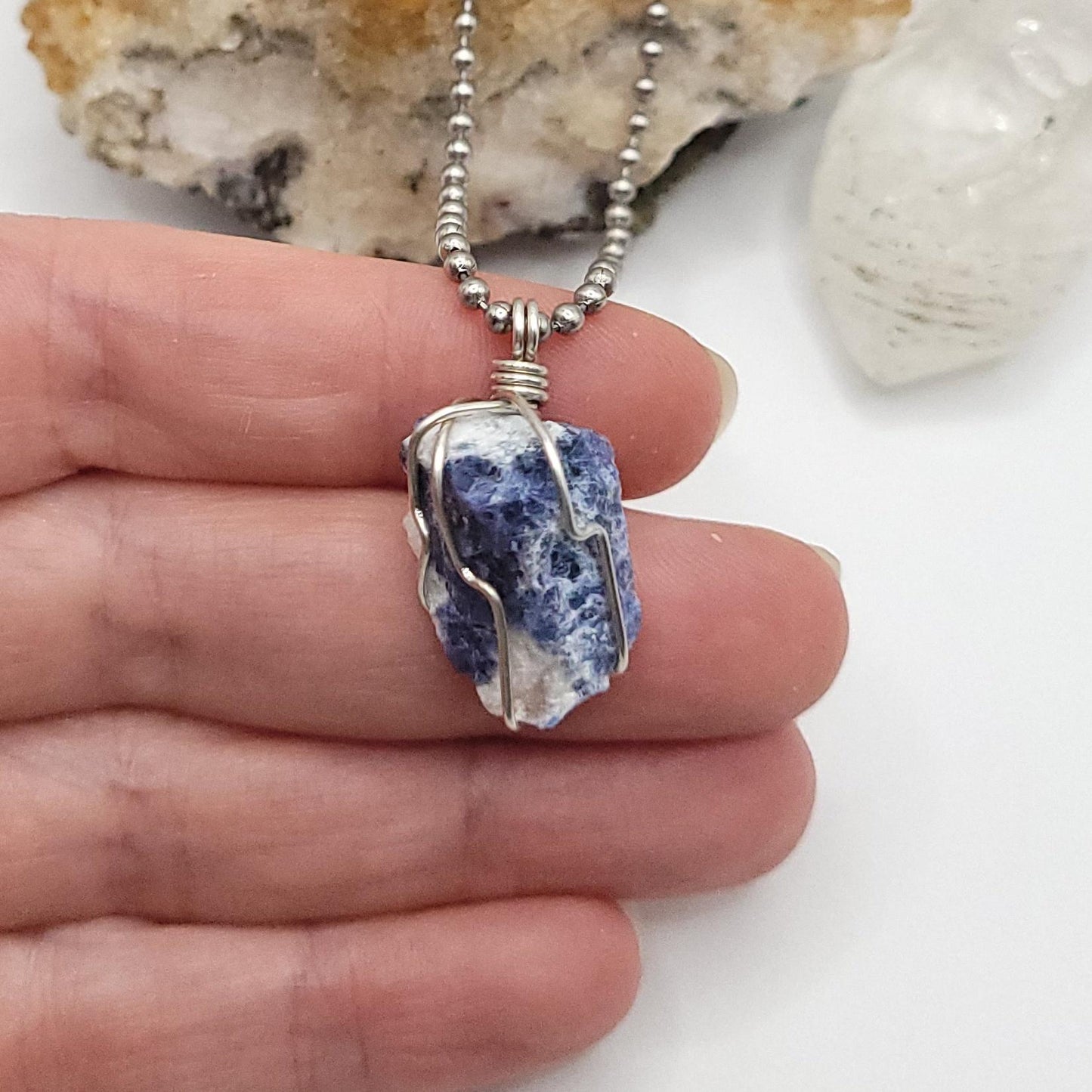 Raw Sodalite Crystal Necklace in Silver