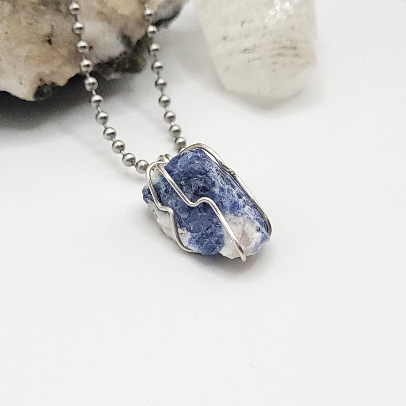 Raw Sodalite Crystal Necklace in Silver side view