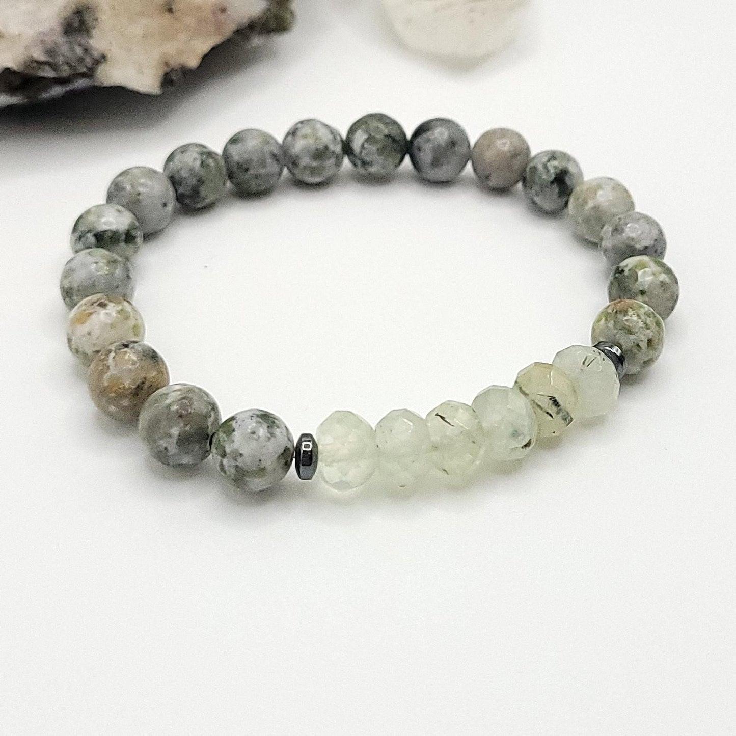 Tree Agate, Prehnite and Hematite Crystal Stretch Bracelet
