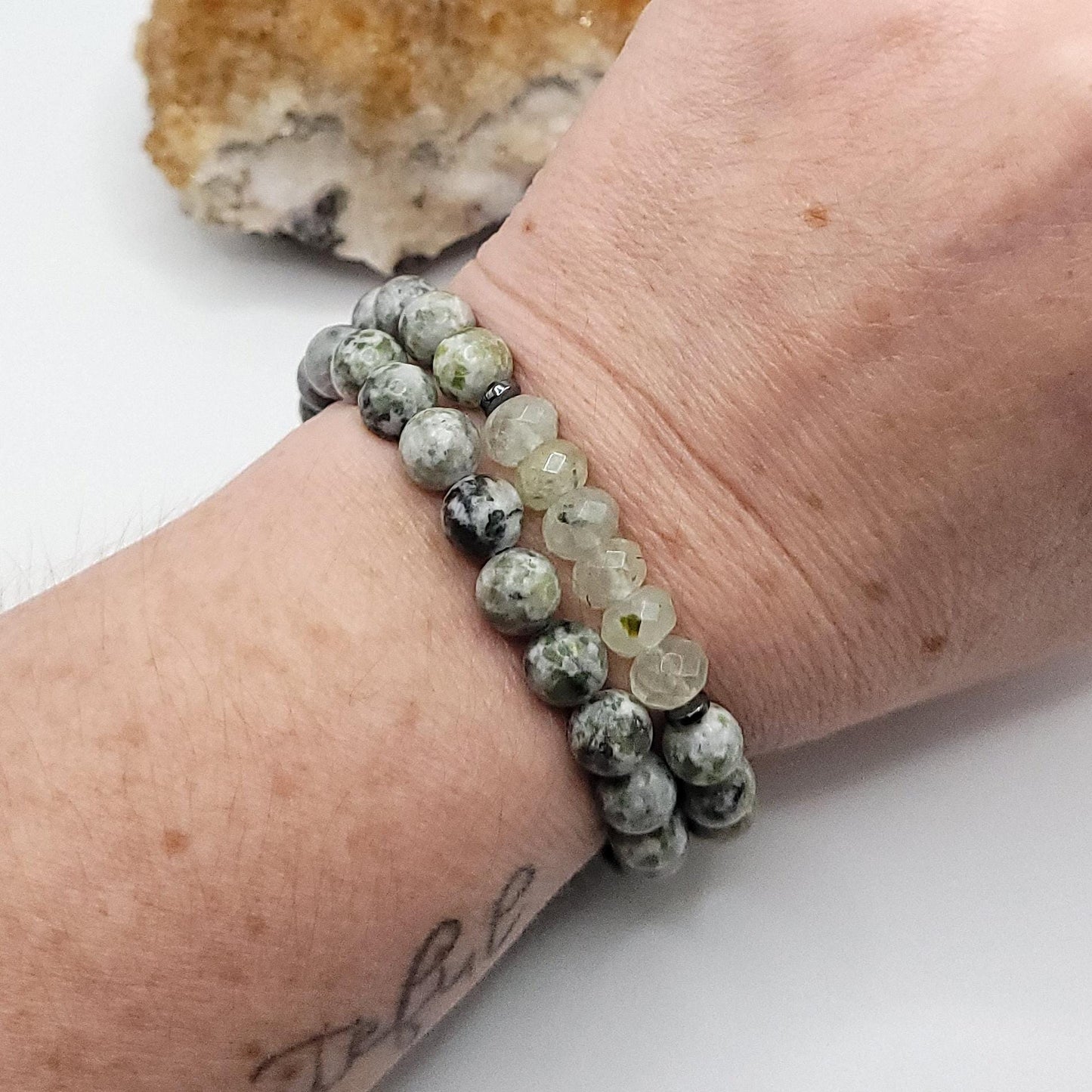 Tree Agate, Prehnite and Hematite Crystal Stretch Bracelet