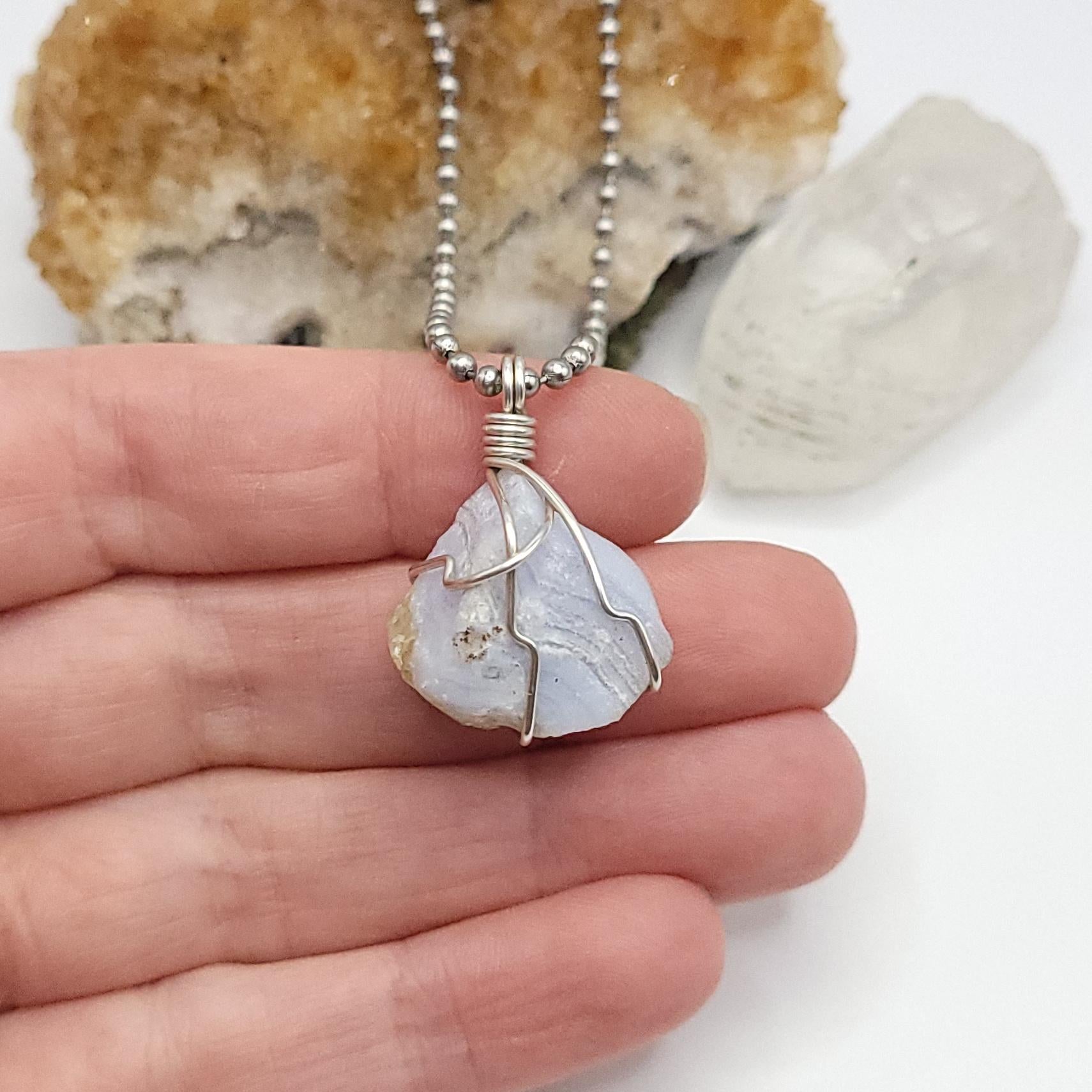 Raw Blue Lace Agate Crystal Necklace in Silver