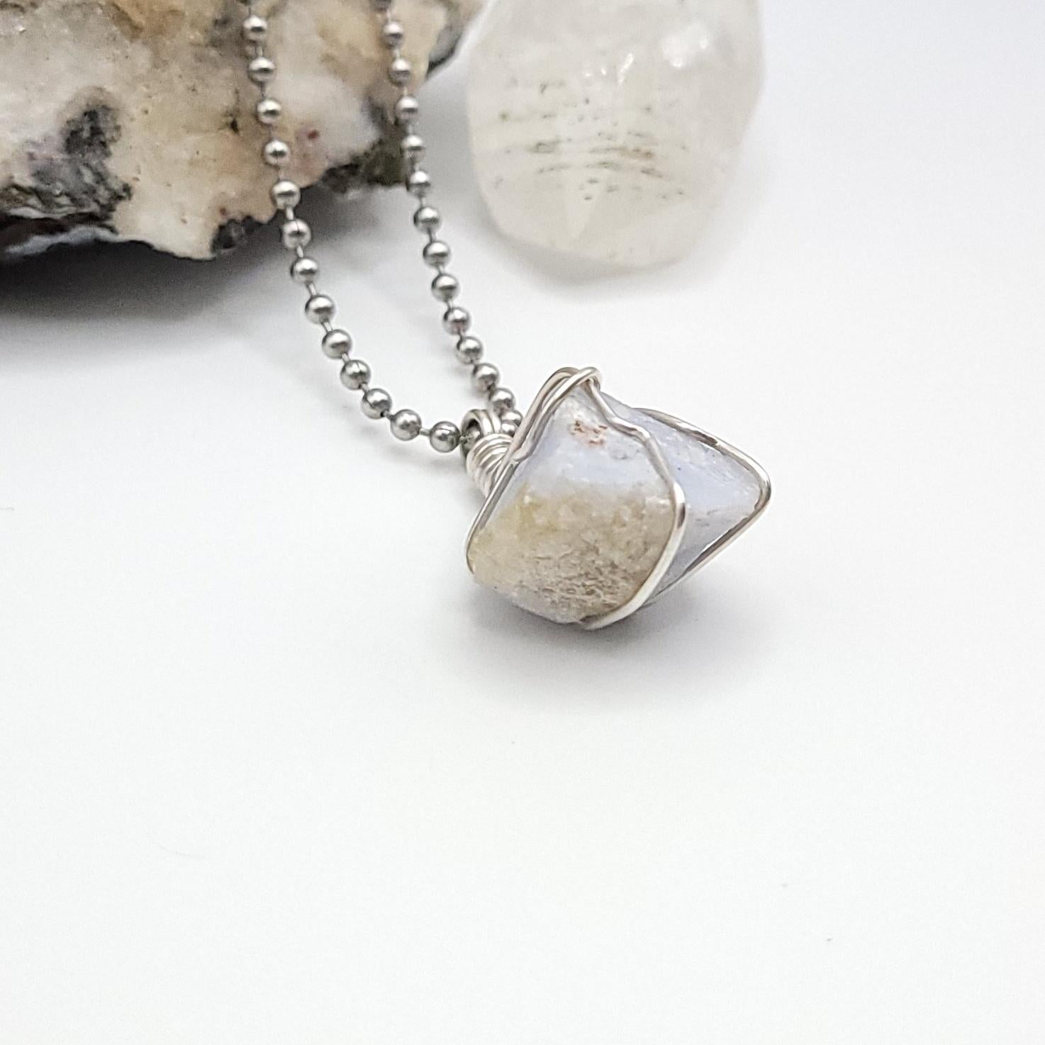 Raw Blue Lace Agate Crystal Necklace in Silver