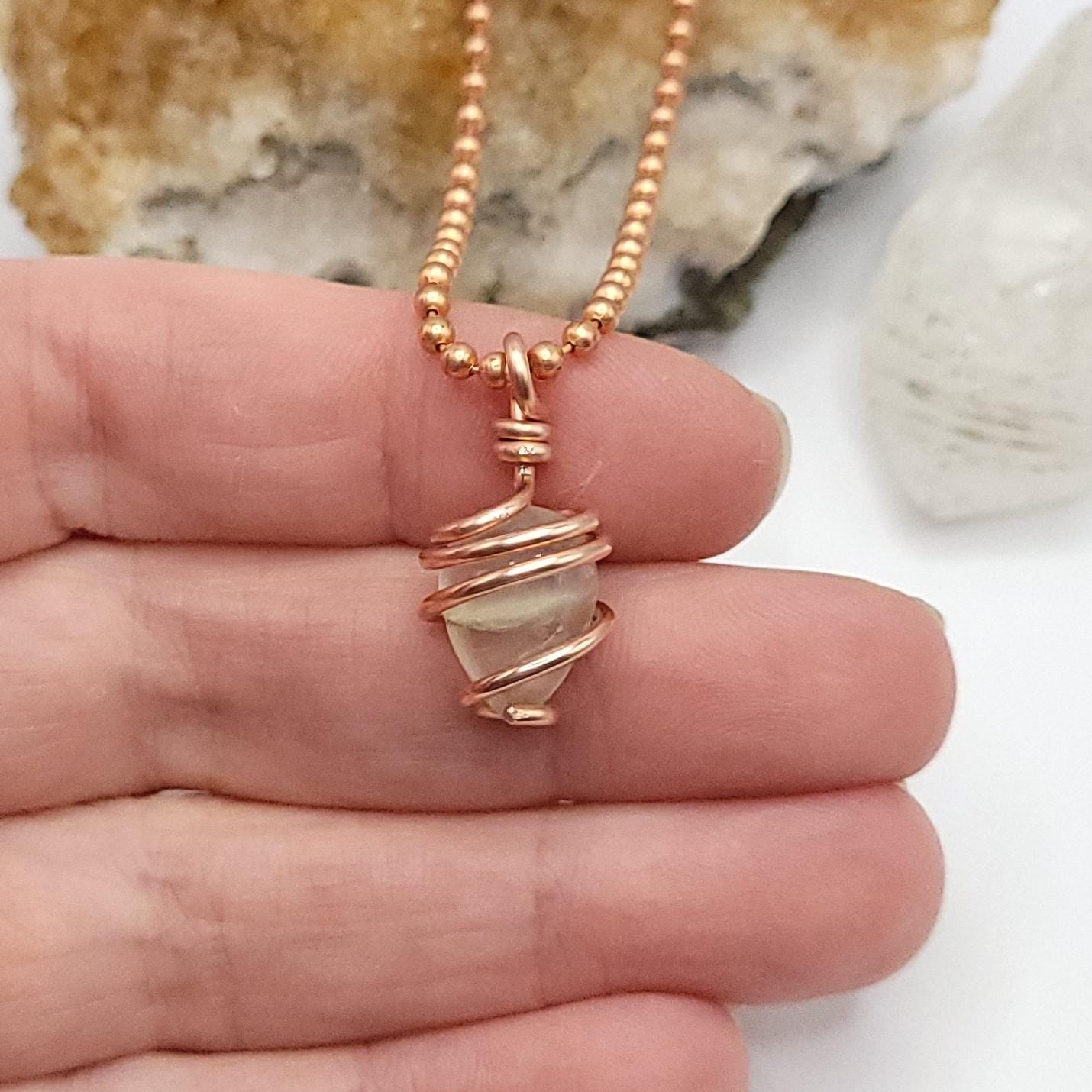 Prehnite Teardrop Crystal Necklace in Copper