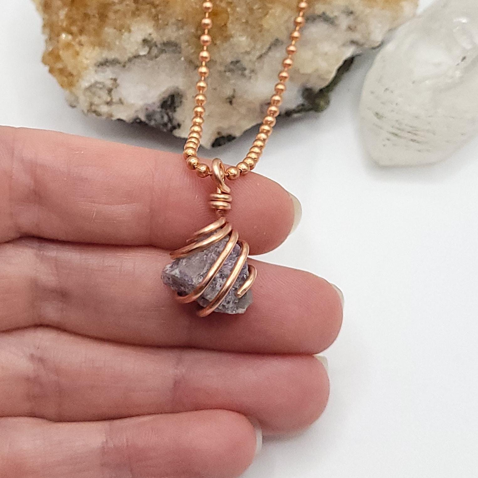Raw Lepidolite Crystal Necklace in Copper