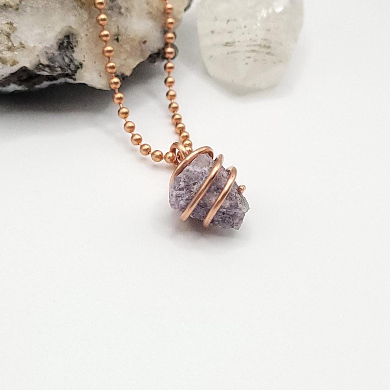 Raw Lepidolite Crystal Necklace in Copper