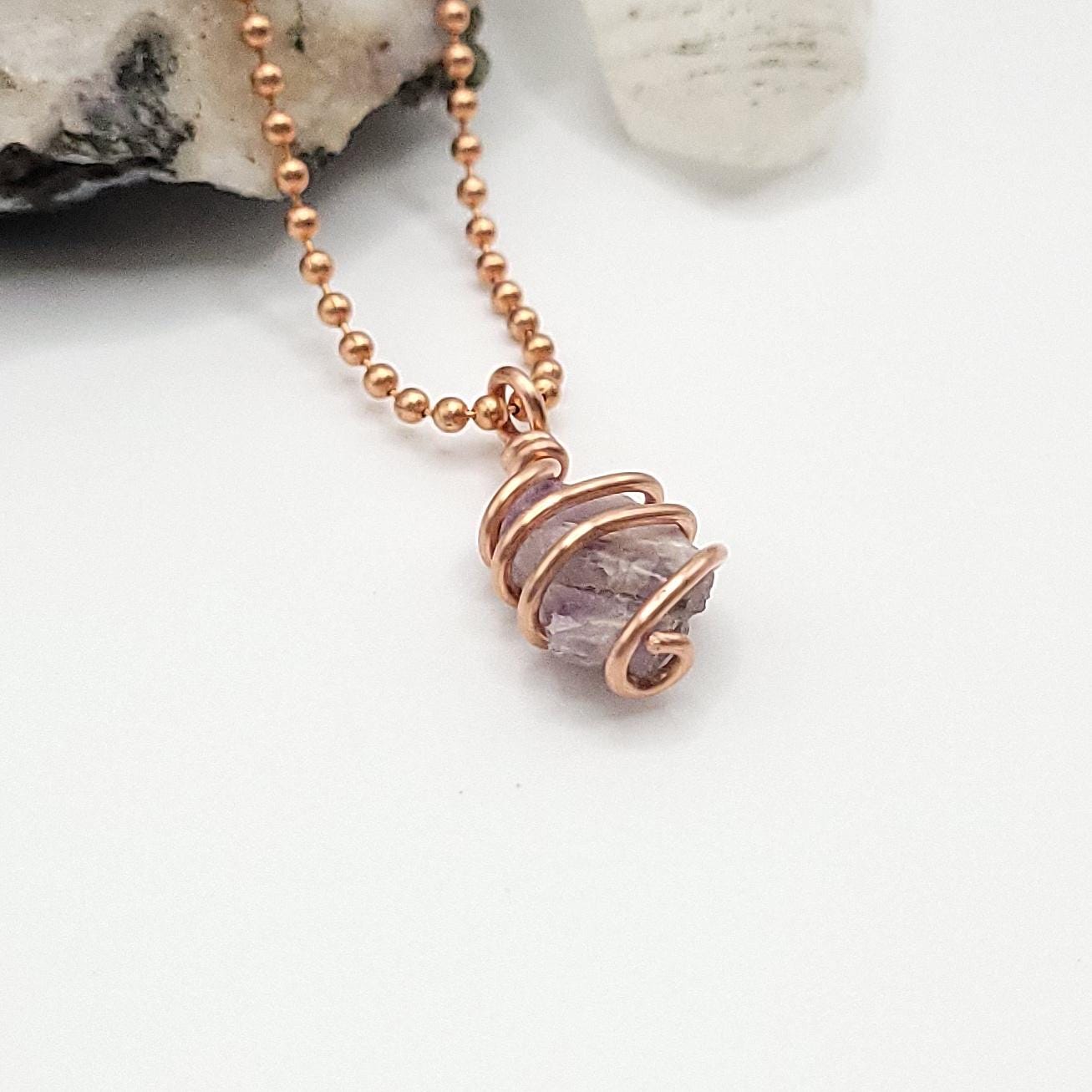 Raw Lepidolite with Kunzite Crystal Necklace in Copper