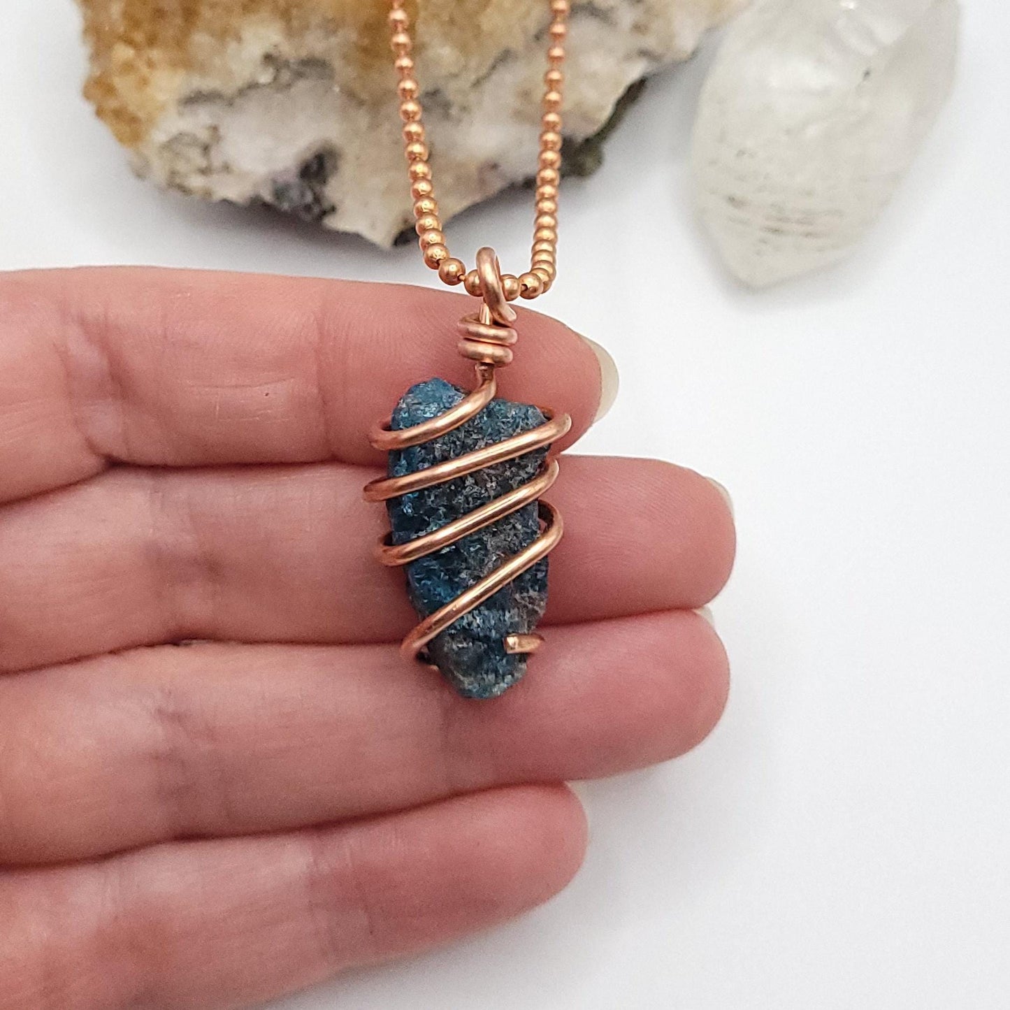 Raw Blue Apatite Crystal Necklace in Copper