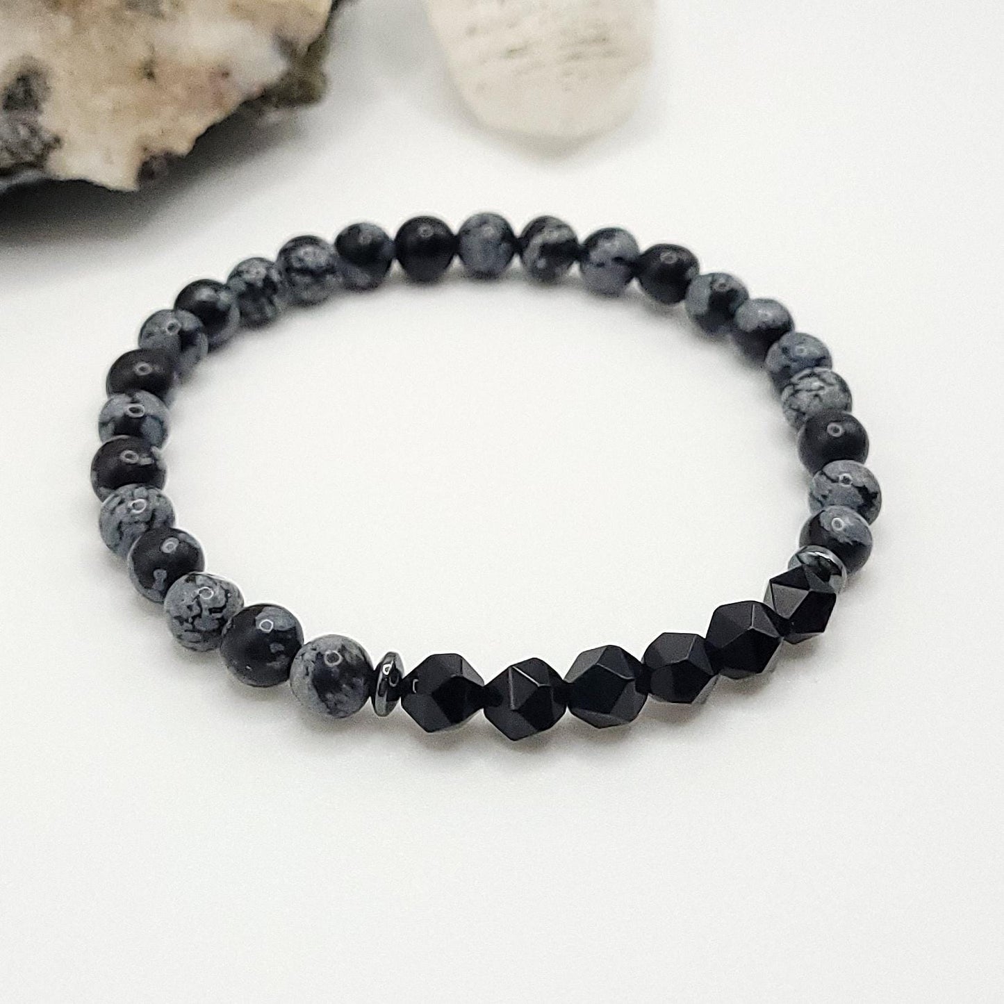 Snowflake Obsidian, Onyx and Hematite Crystal Stretch Bracelet