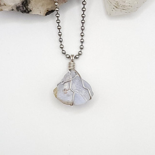 Raw Blue Lace Agate Crystal Necklace in Silver
