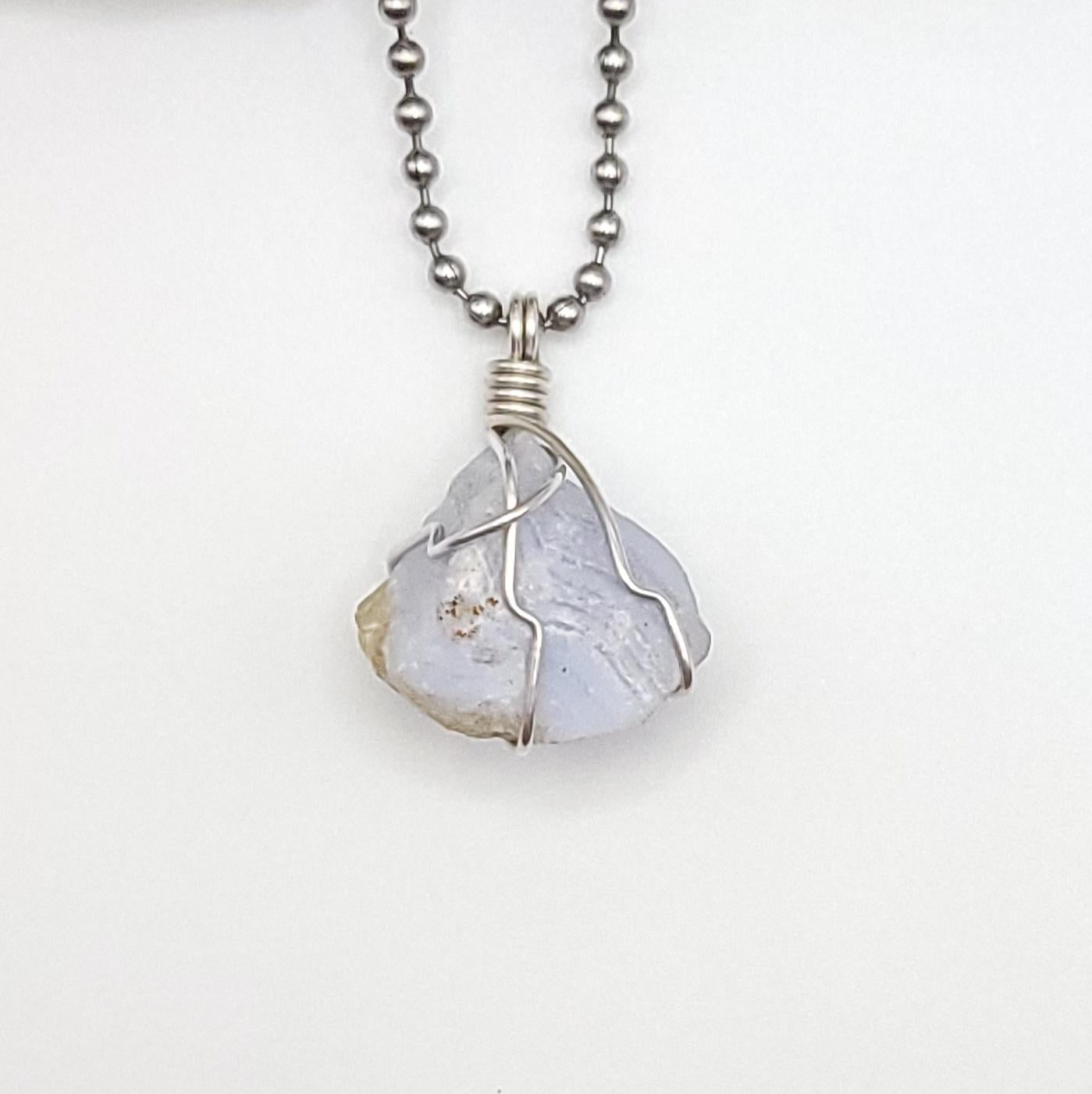 Raw Blue Lace Agate Crystal Necklace in Silver
