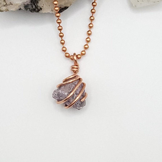 Raw Lepidolite Crystal Necklace in Copper