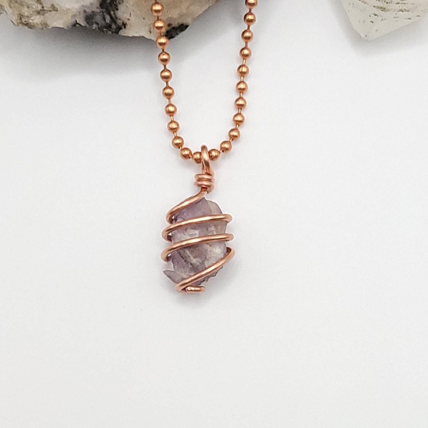 Raw Lepidolite with Kunzite Crystal Necklace in Copper