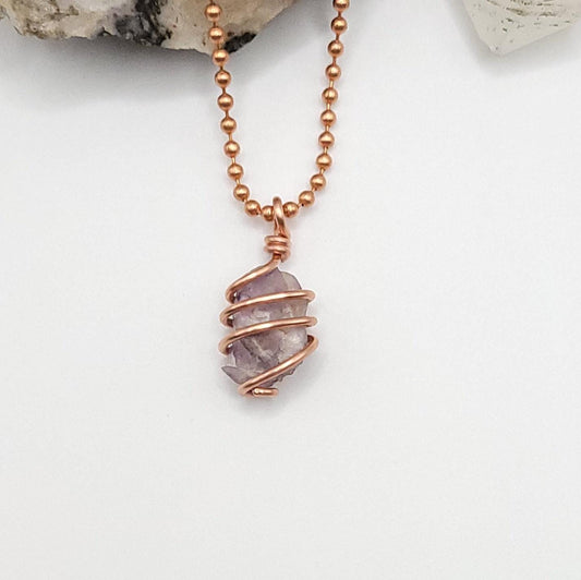 Raw Lepidolite with Kunzite Crystal Necklace in Copper
