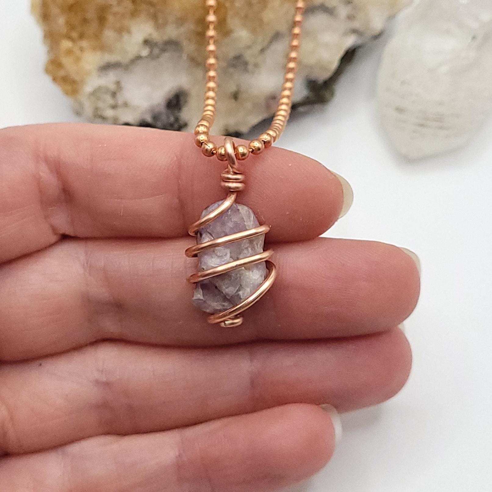 Raw Lepidolite with Kunzite Crystal Necklace in Copper