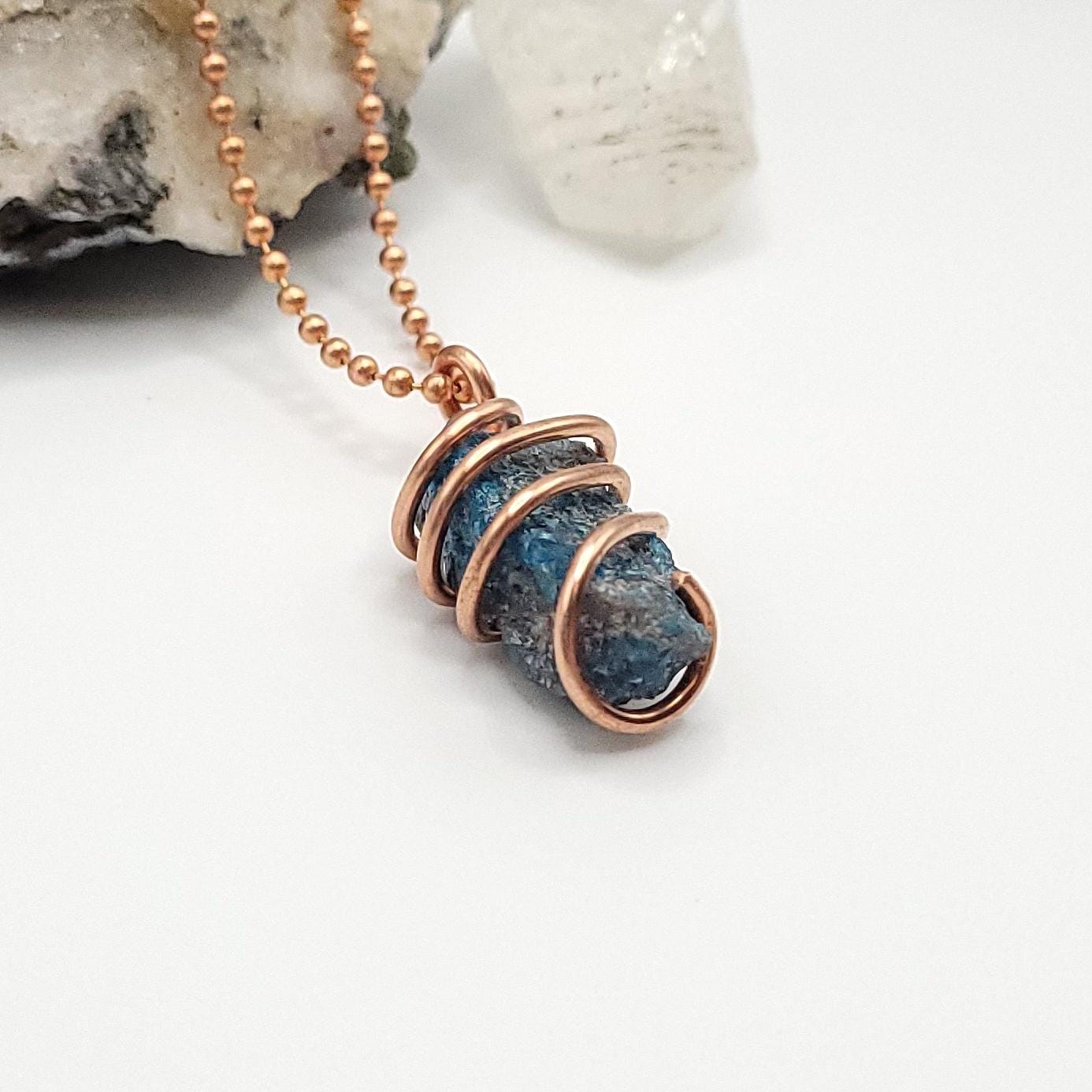 Raw Blue Apatite Crystal Necklace in Copper