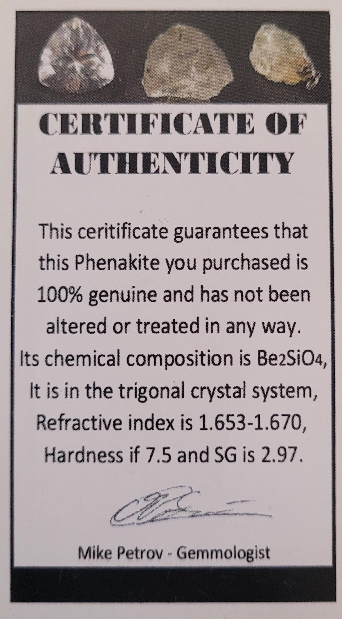 Raw Phenakite Crystal Necklace in copper certificate of authenticity