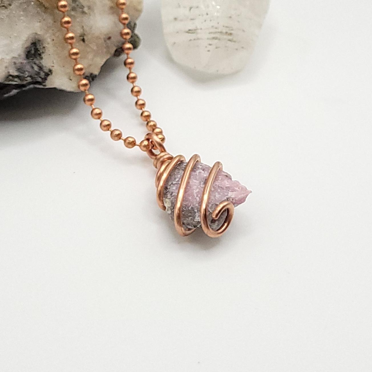 Raw Pink Moonstone Necklace in Copper side view
