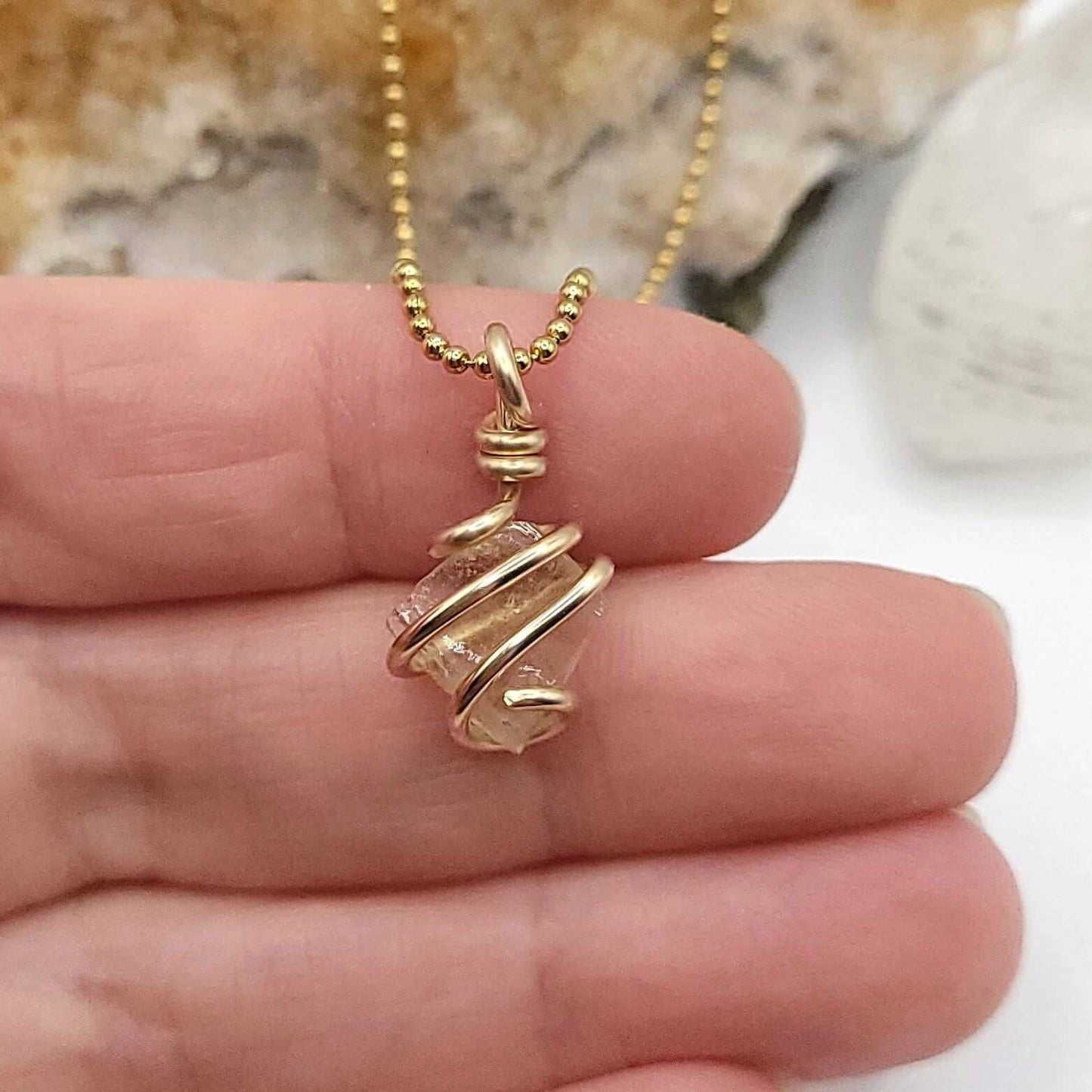 Raw Libyan Desert Glass Crystal Necklace in Gold, close up