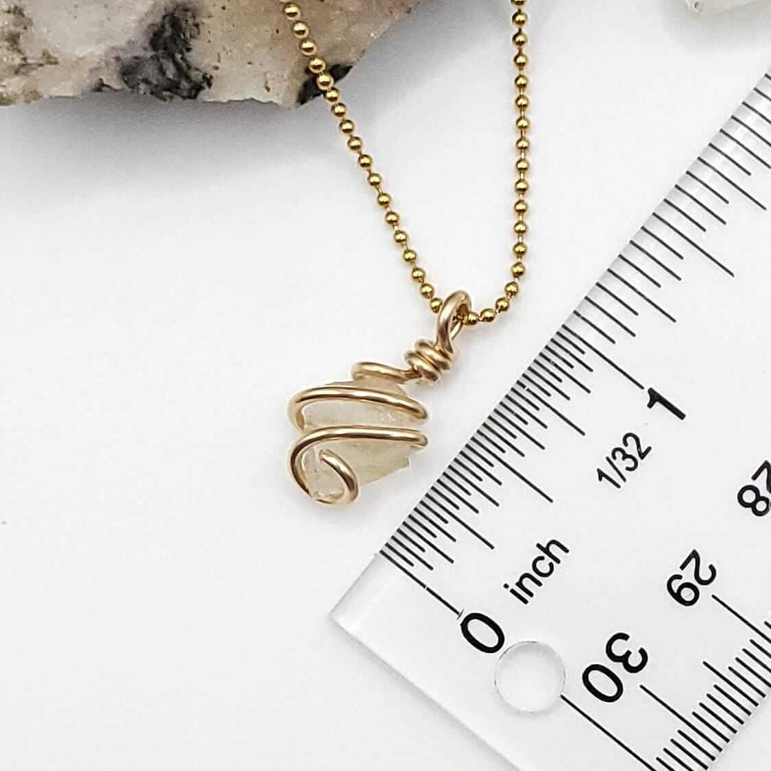 Raw Libyan Desert Glass Crystal Necklace in Gold, measurement