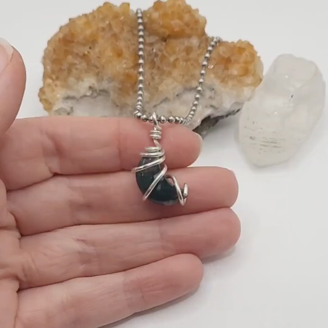 Green Moss Agate Moon Necklace, Silver Wire Wrapped Moss Agate Pendant | Promotes Abundance,  Success and Prosperity, Crescent Moon Pendant