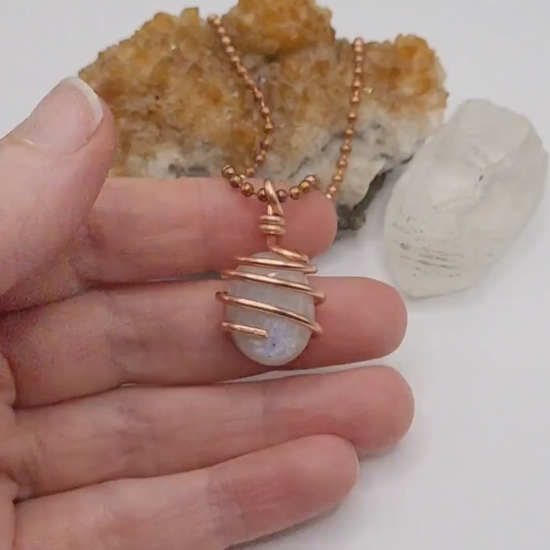 Rainbow Moonstone Necklace, Copper Wire Wrapped Moonstone Pendant