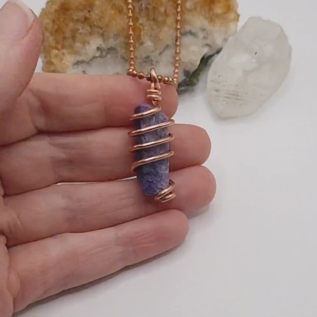 Charoite Necklace, Copper Wire Wrapped Charoite Pendant, Charoite Crystal | Aids in Spiritual Growth, Inspiration and Transformation