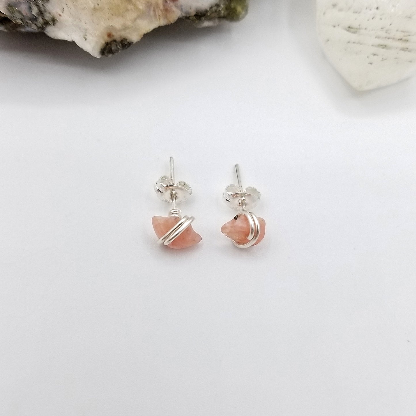 Rhodochrosite Crystal Stud Earrings in Sterling Silver Wire