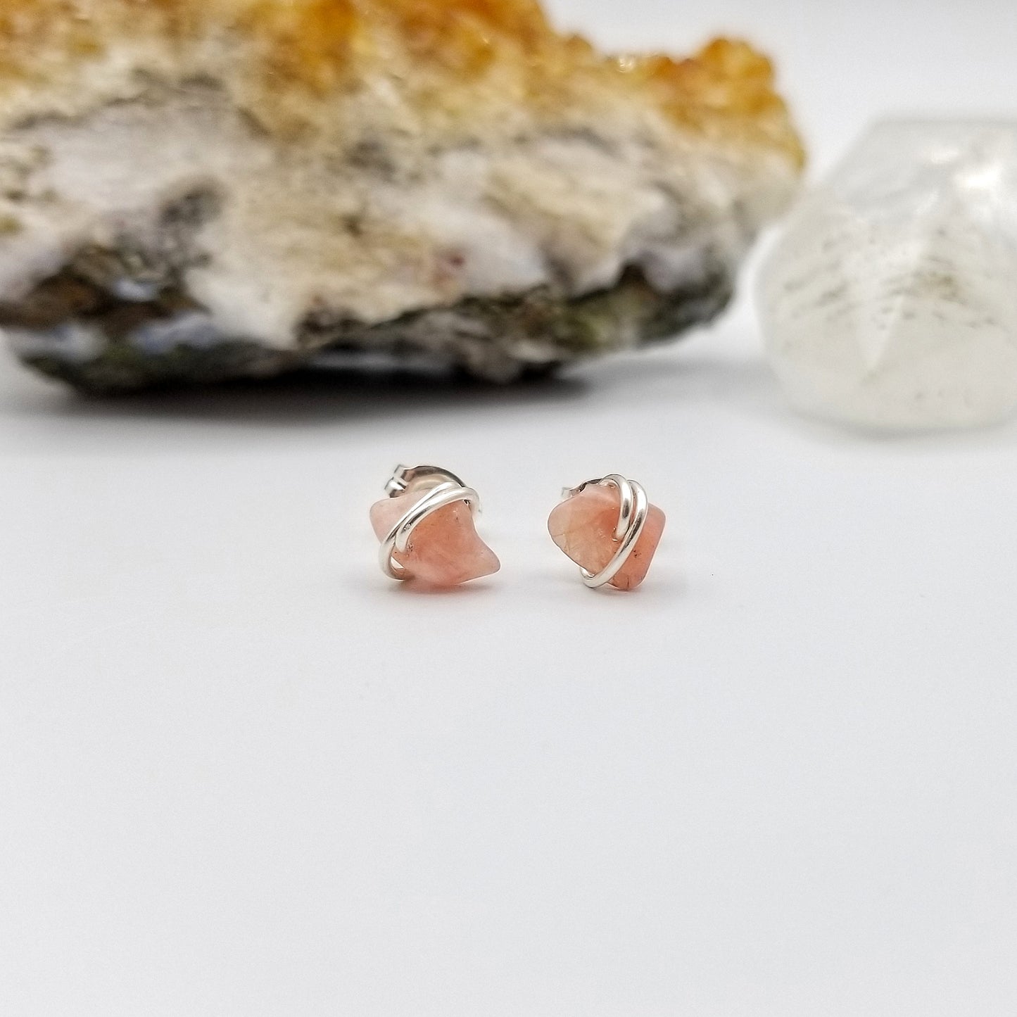 Rhodochrosite Crystal Stud Earrings in Sterling Silver Wire