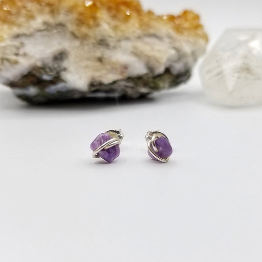 Charoite Crystal Stud Earrings in Sterling Silver Wire