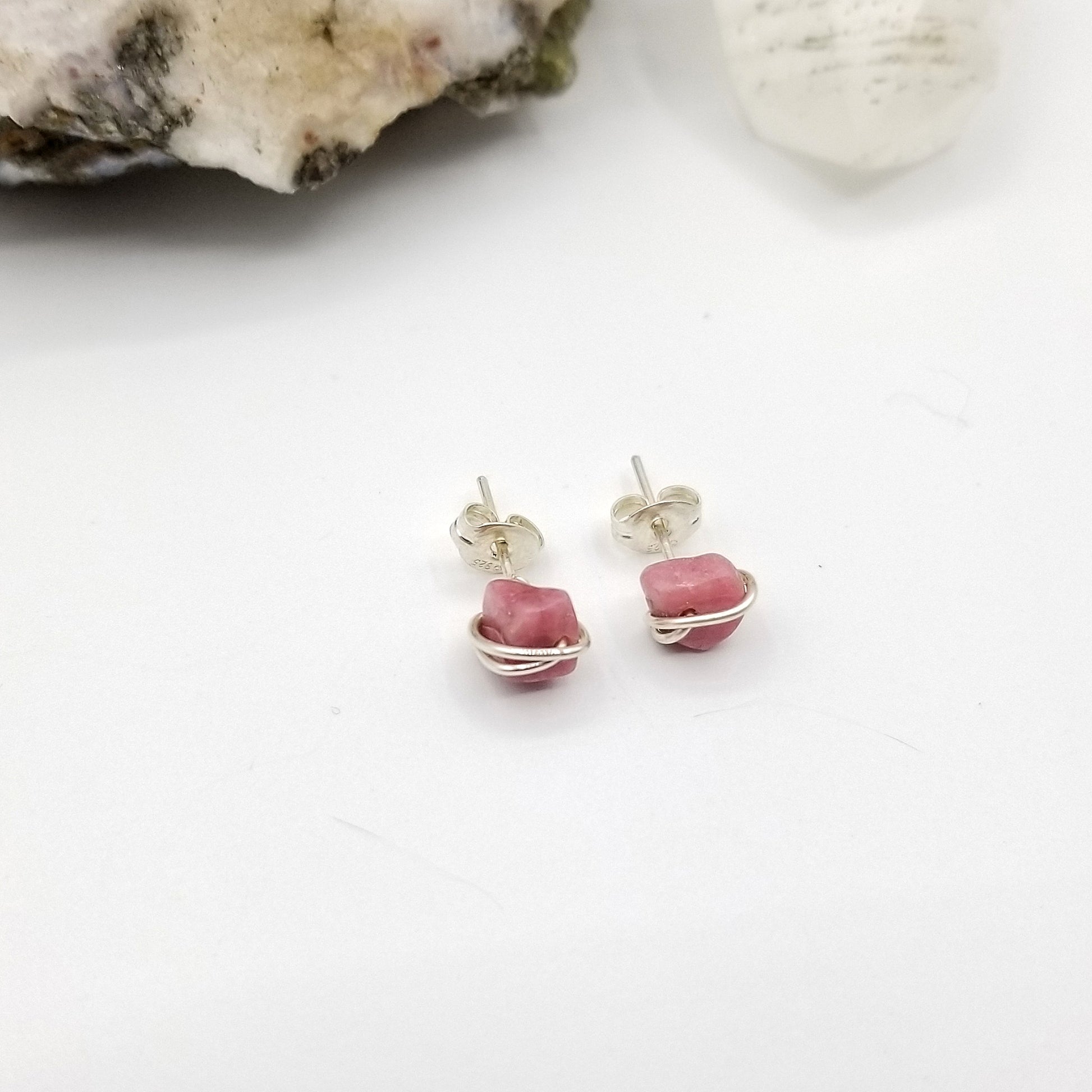 rhodonite stud earrings in silver view from top