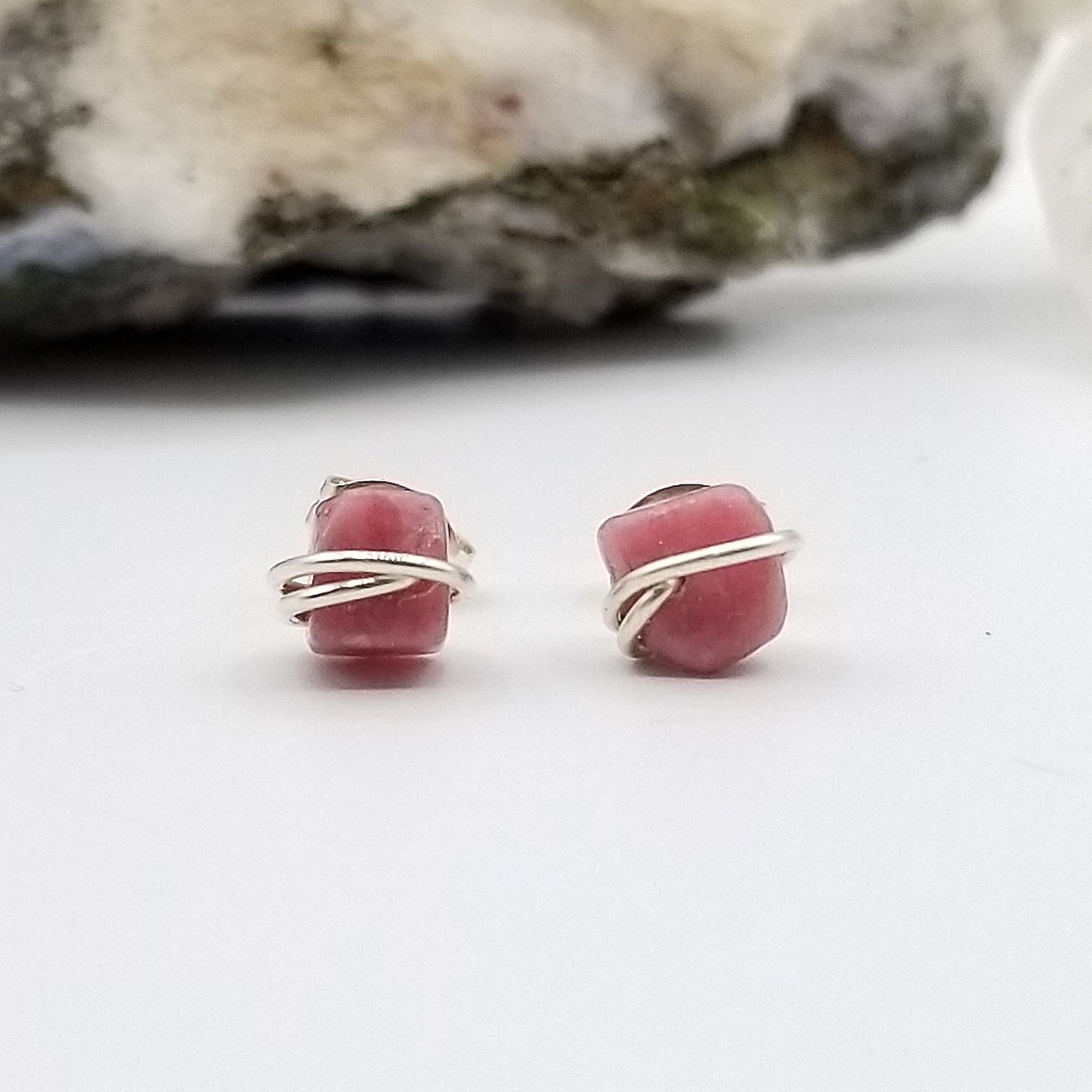 Rhodonite Crystal Stud Earrings in Sterling Silver Wire