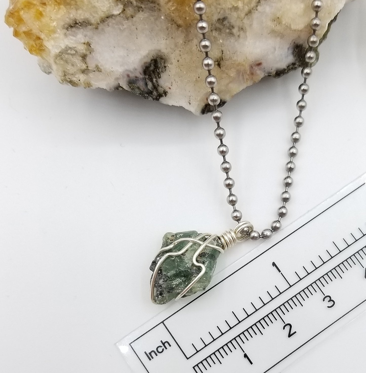 Raw Green Kyanite Crystal Necklace in Silver Wire