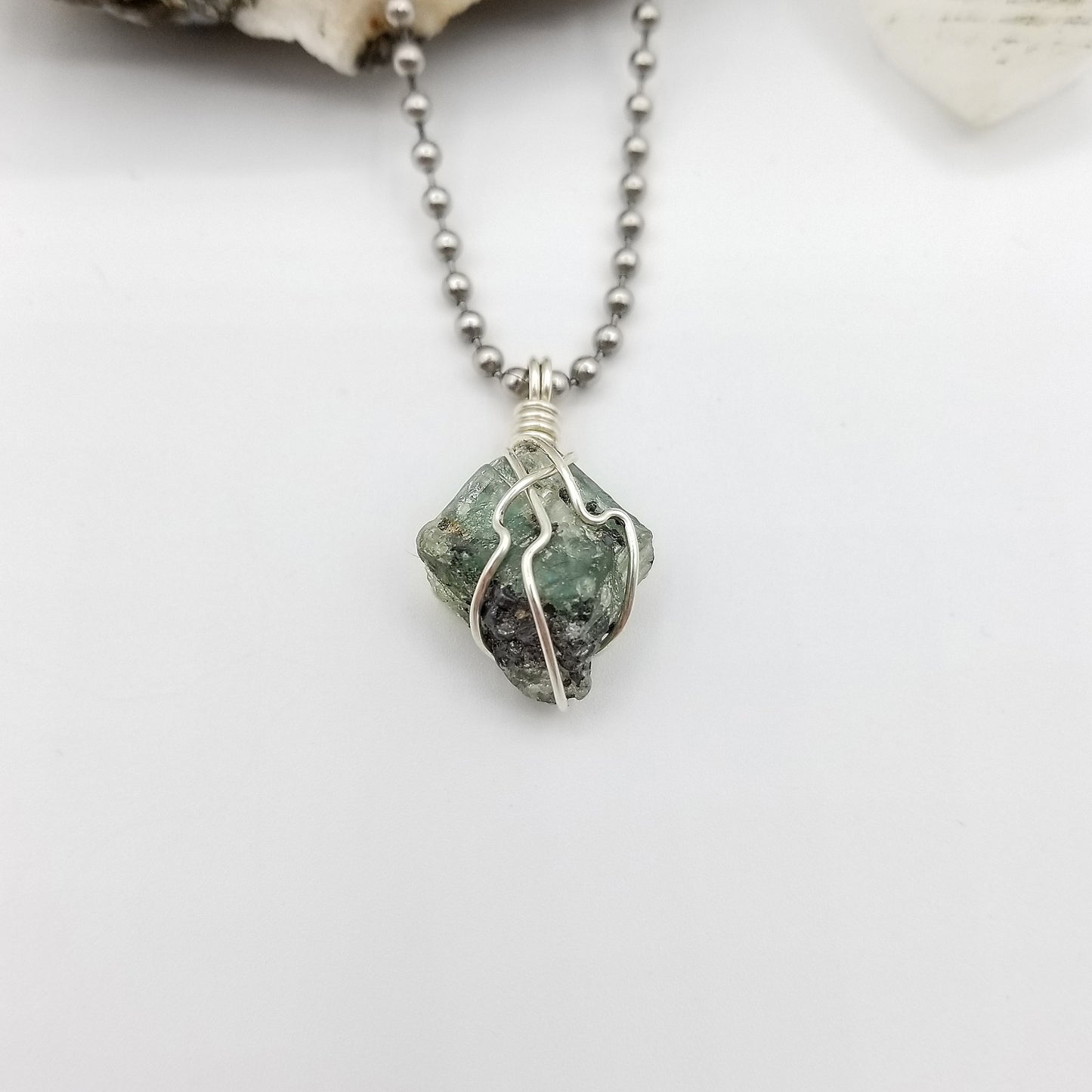 Raw Green Kyanite Crystal Necklace in Silver Wire