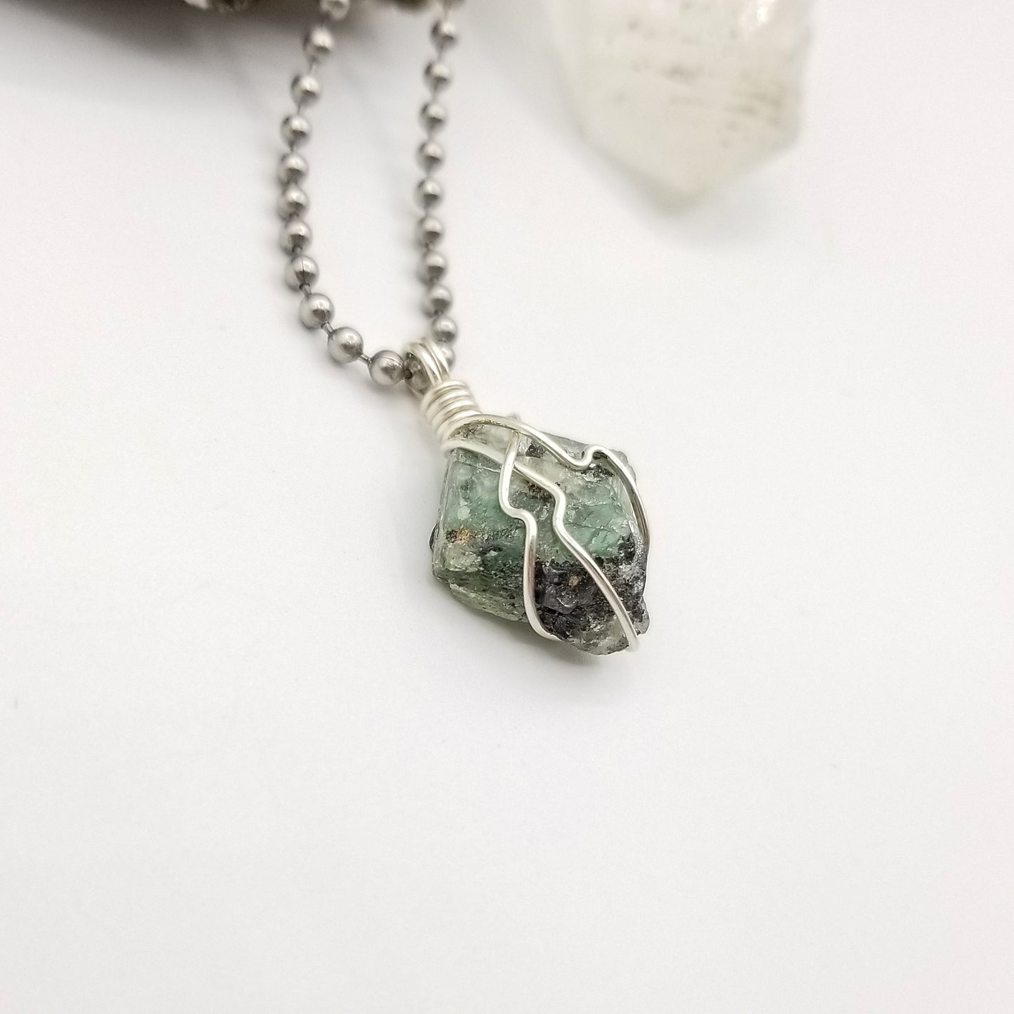 Raw Green Kyanite Crystal Necklace in Silver Wire