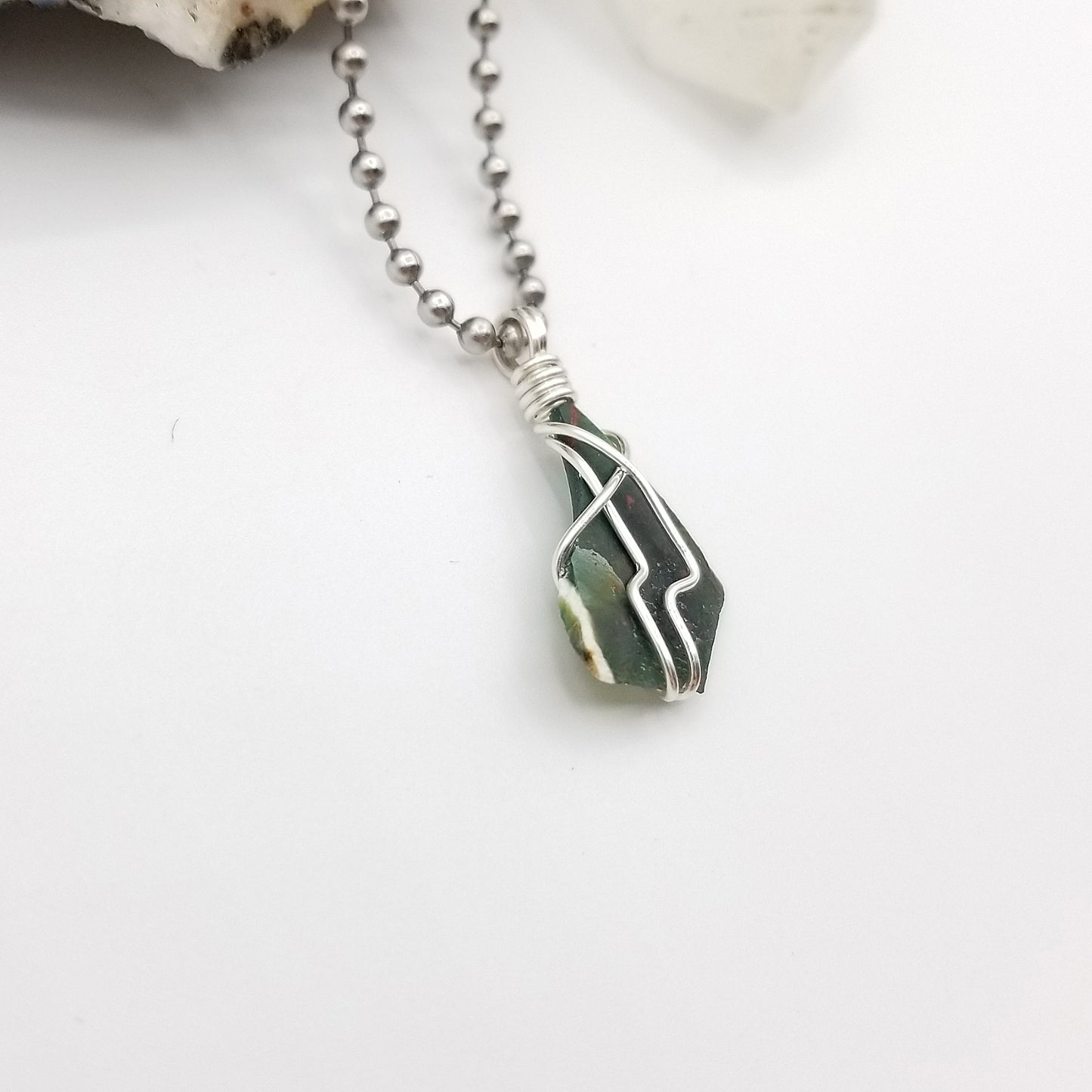 Raw Bloodstone Crystal Necklace in Silver Wire