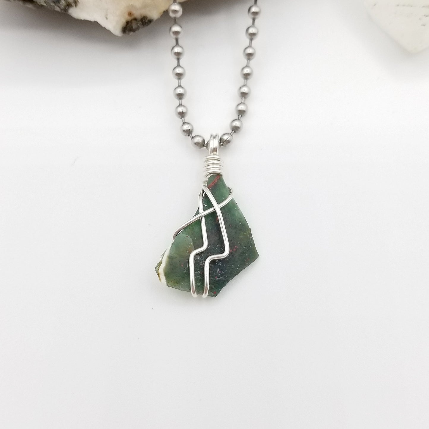 Raw Bloodstone Crystal Necklace in Silver Wire