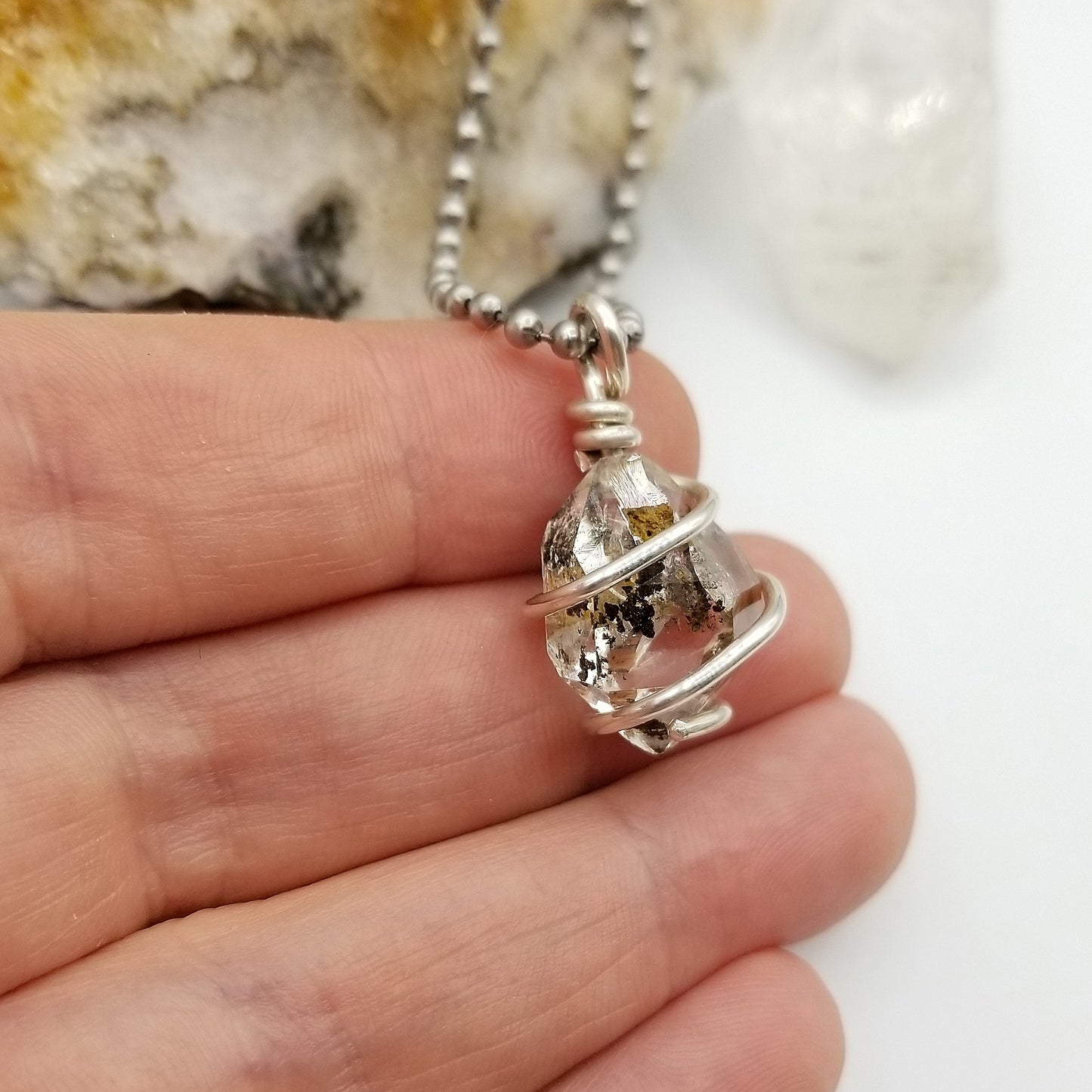 Raw Herkimer Diamond Quartz Crystal Necklace in Silver Wire