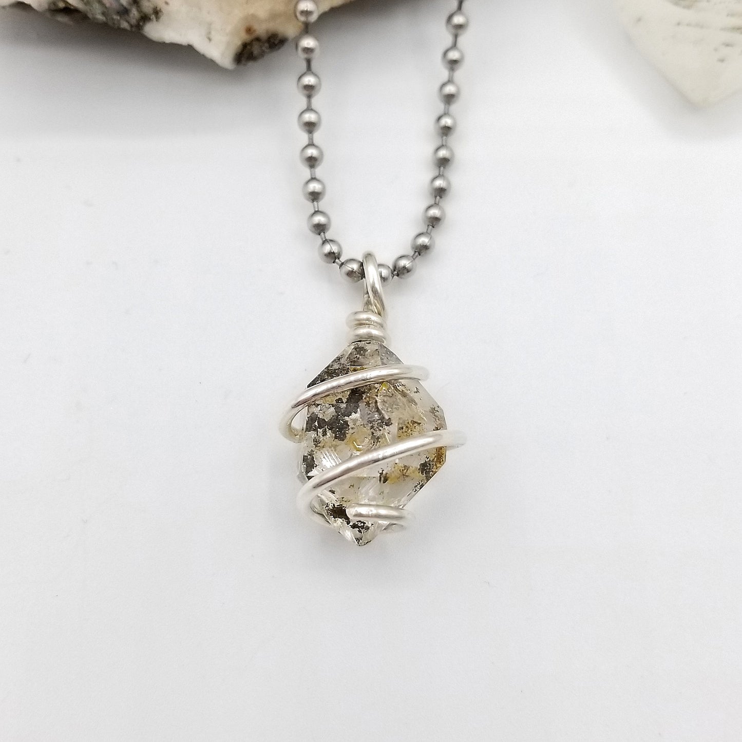 Raw Herkimer Diamond Quartz Crystal Necklace in Silver Wire