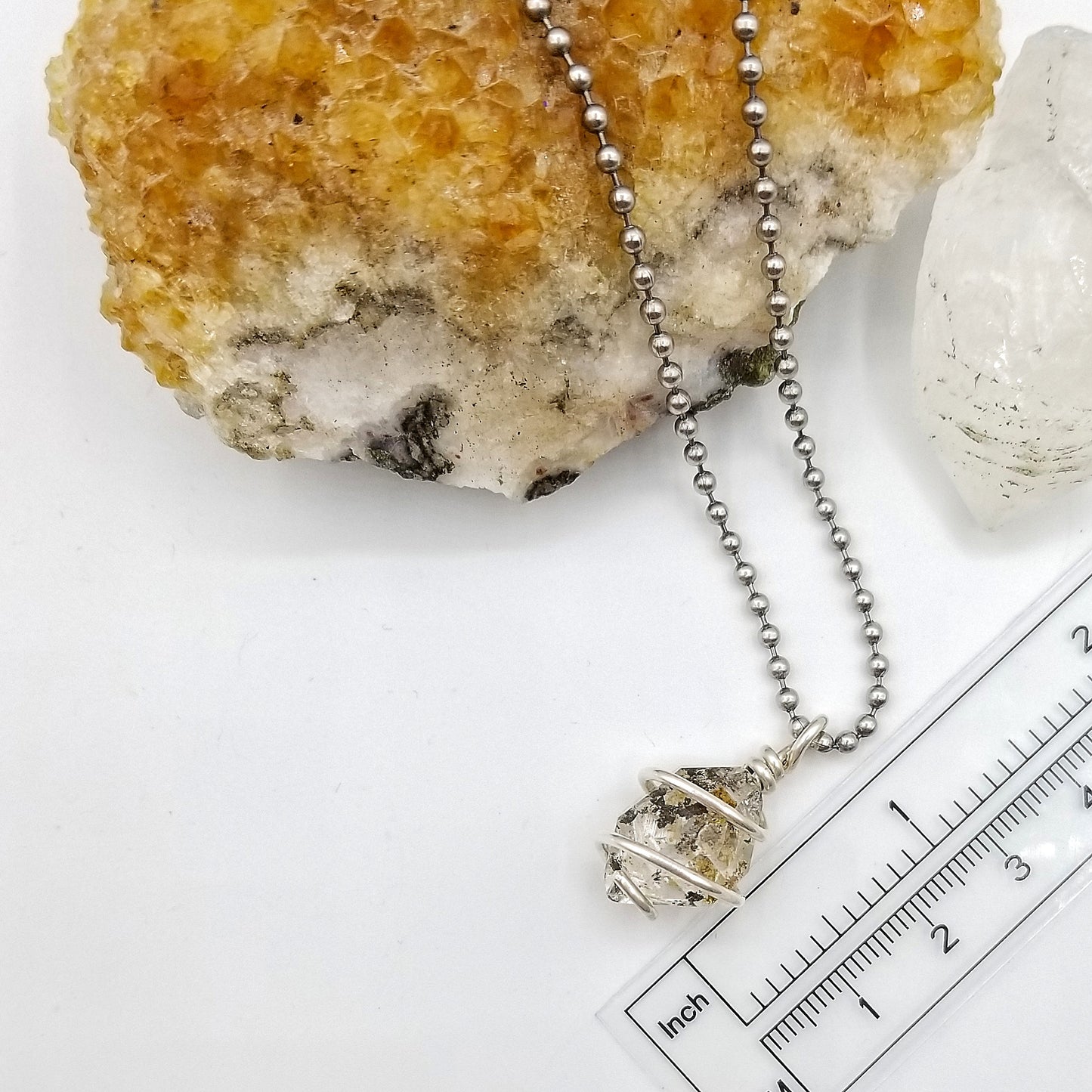Raw Herkimer Diamond Quartz Crystal Necklace in Silver Wire