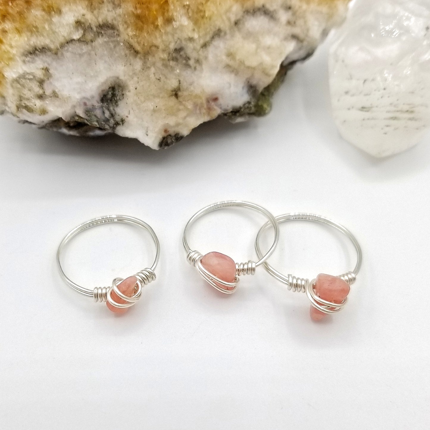 Rhodochrosite Ring, Silver Wire Wrapped Ring